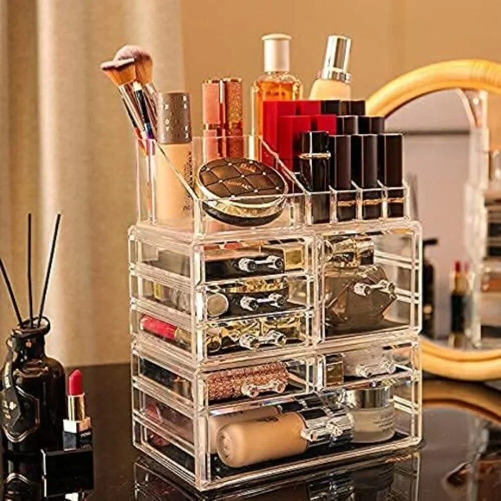 New Clear Acrylic Makeup Organizer with 7 Drawers & Brush Holder for Vanity